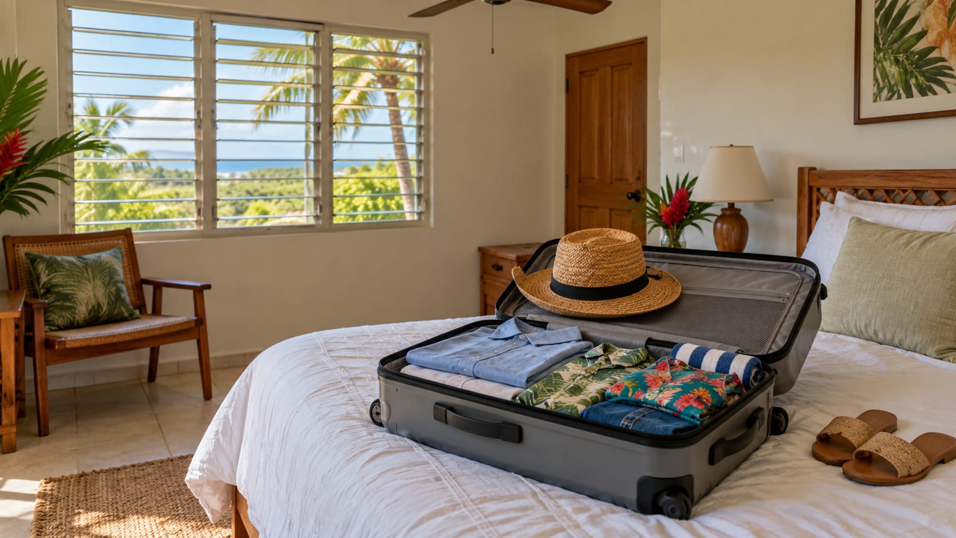 Open hard shell suitcase on a bed filled with folded light clothes, with a bright window and green garden beyond
