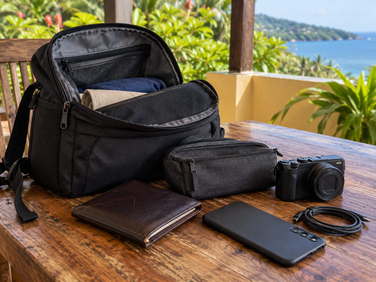 Small carry-on bag open on a wooden table beside a closed document wallet, a pill pouch, a camera and a coiled charger cable