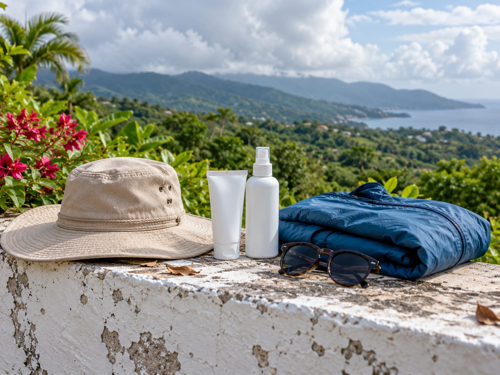 Blank sunscreen tube, a brimmed hat, an unlabelled spray bottle and a folded rain jacket on a low whitewashed garden wall