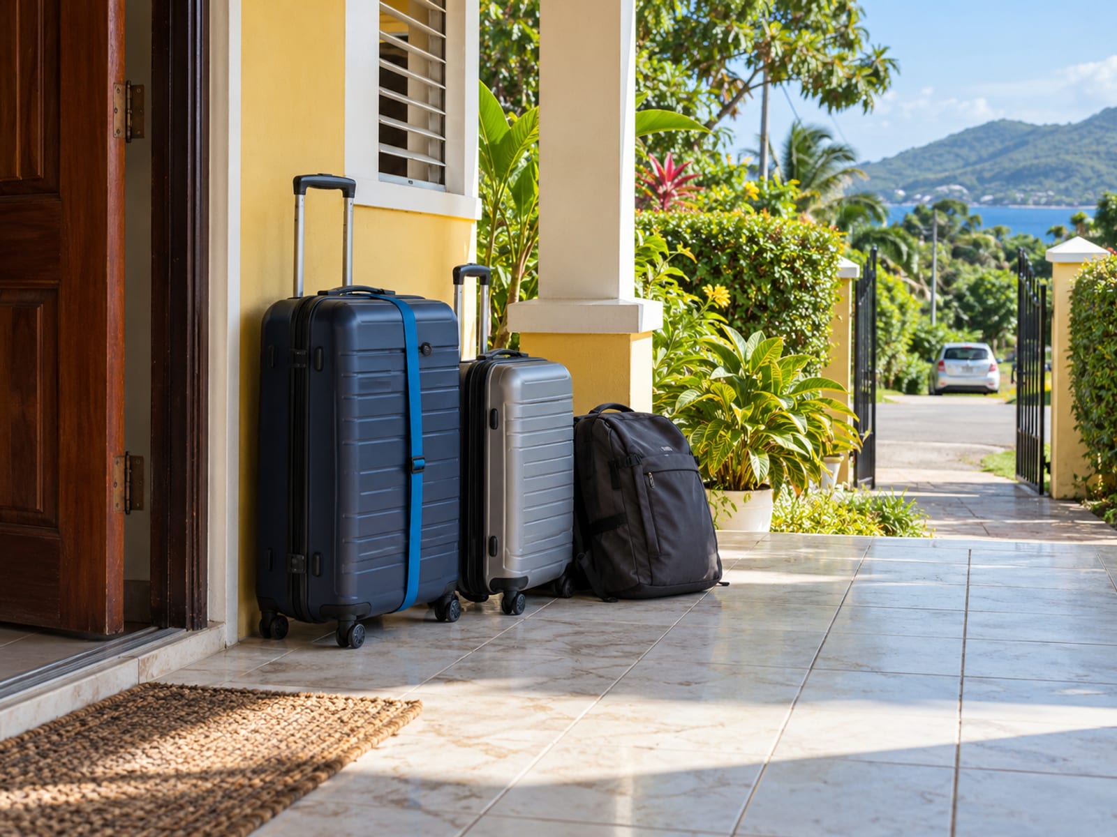 Two closed suitcases and a small backpack standing together by an open front door on a painted veranda, a distant plain car beyond the gate