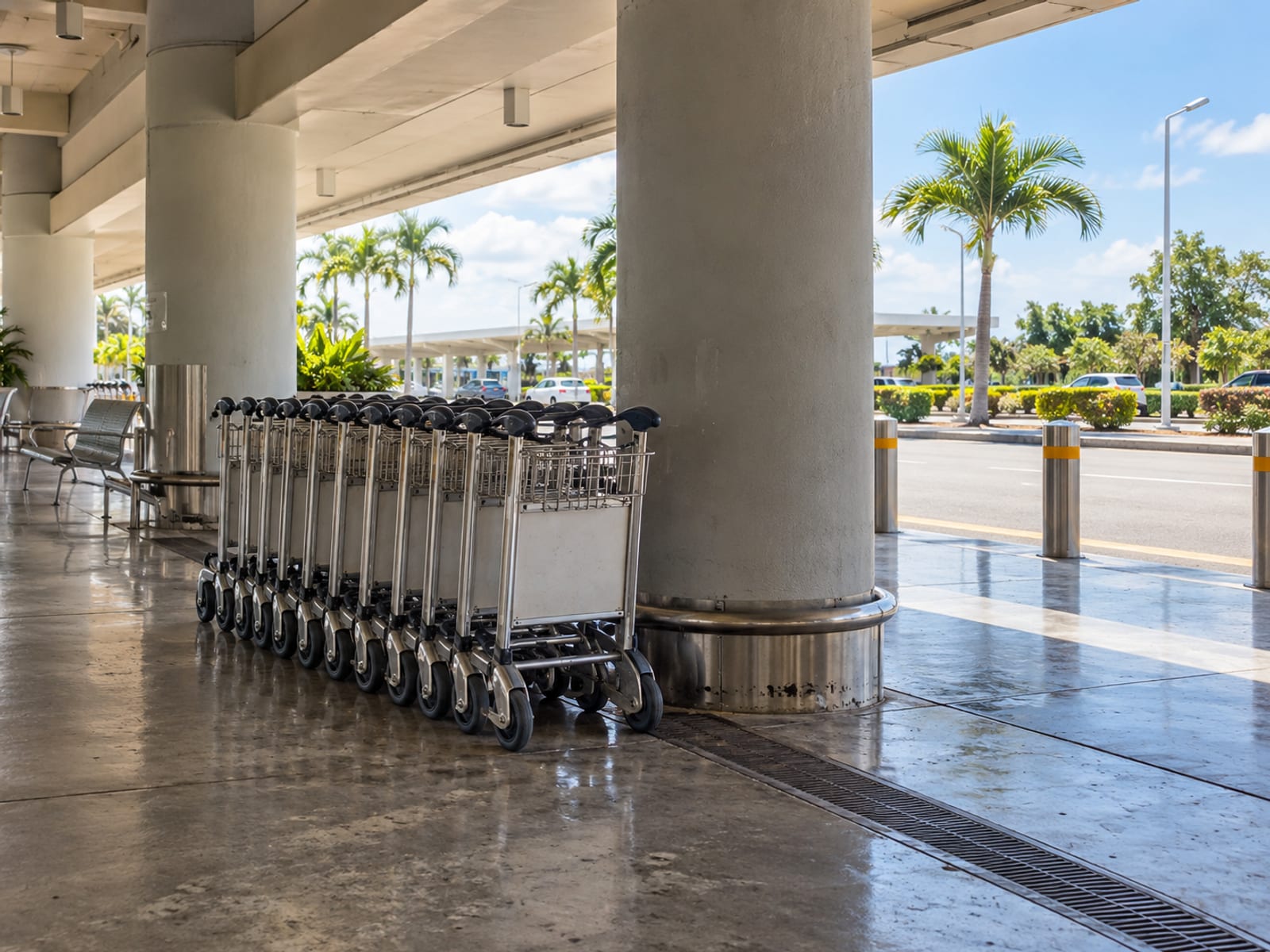 Row of nested airport luggage trolleys beside concrete pillars at an empty covered kerbside with bright daylight beyond