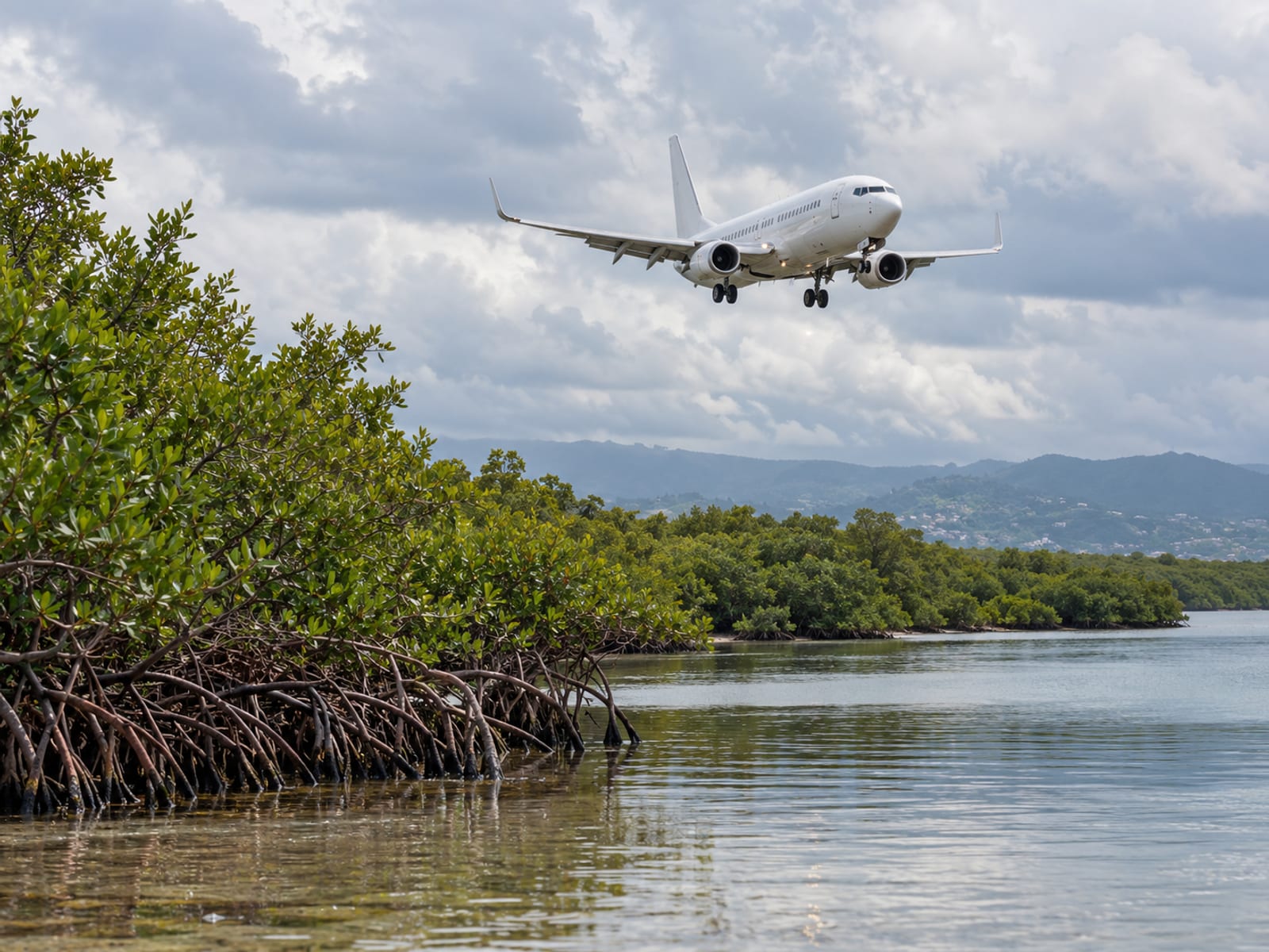 Small passenger aircraft descending low over green mangroves and a channel of calm water under soft grey cloud