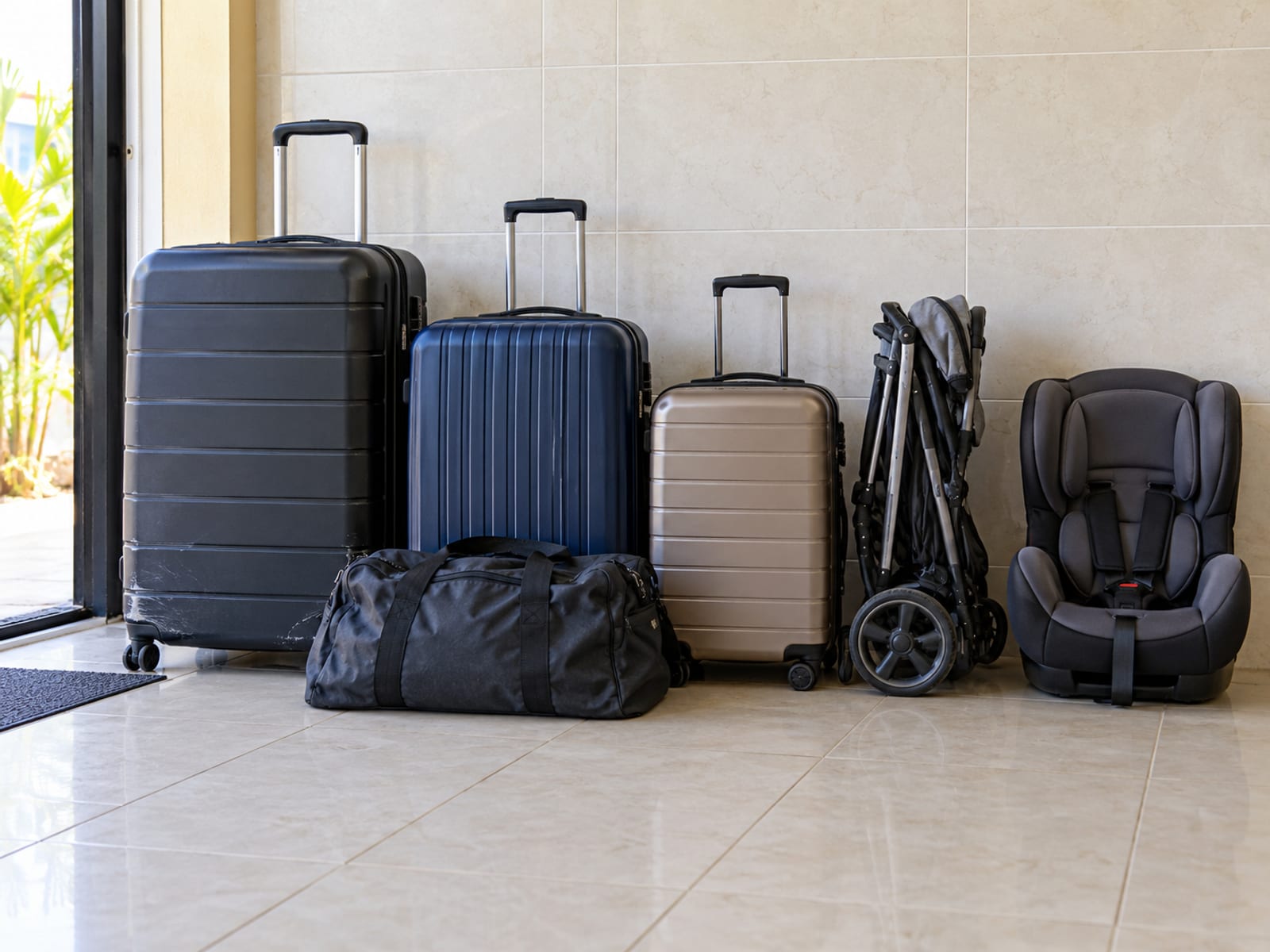 Row of plain suitcases and a child car seat standing against a tiled wall on a tiled floor, tags absent