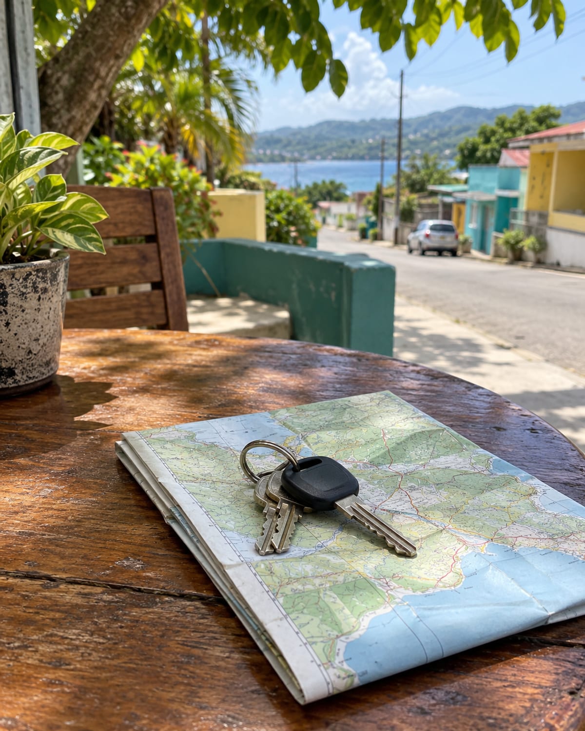 Car keys and a folded map on a cafe table