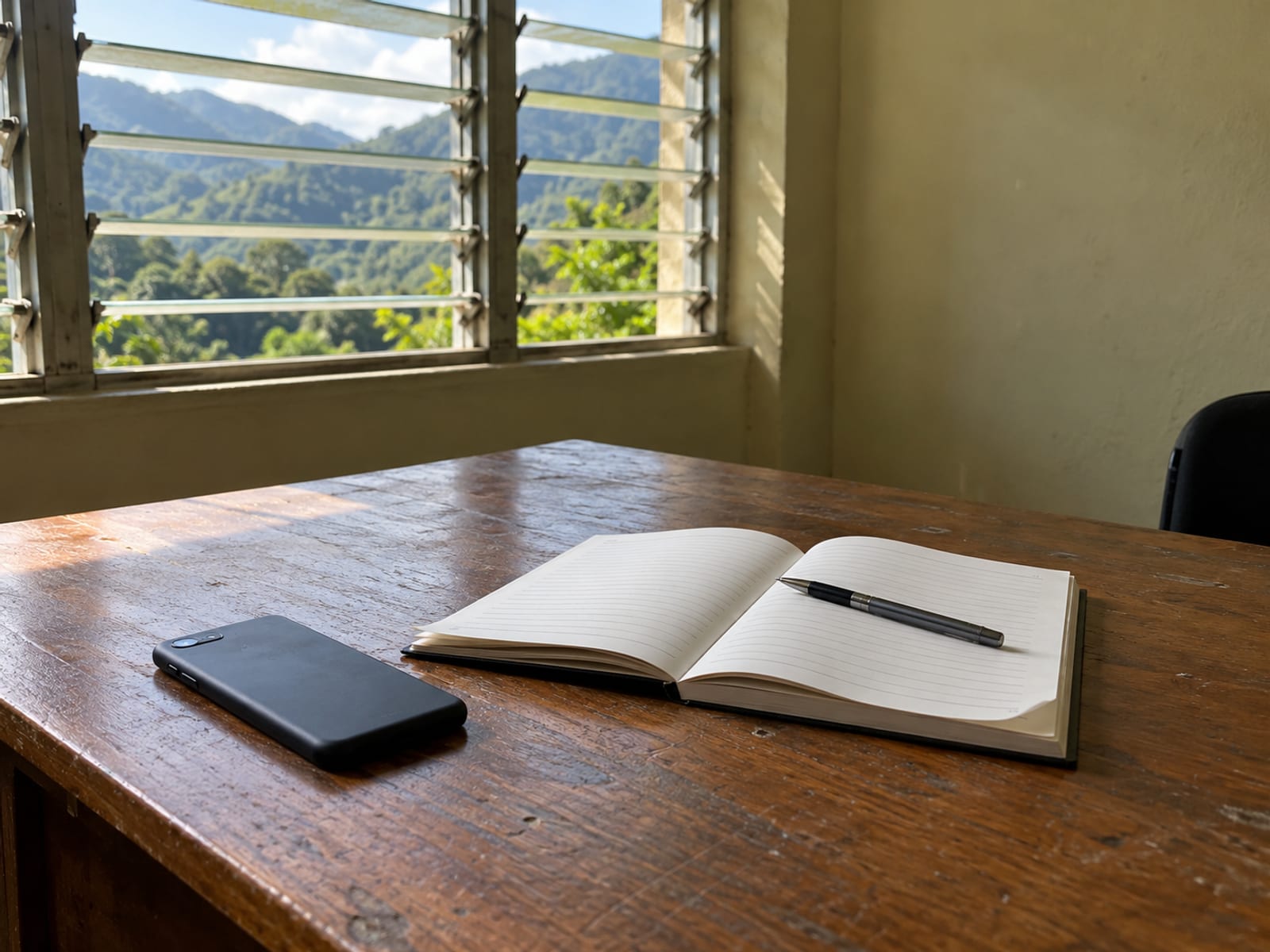 A phone and an open notebook on a wooden desk by a window
