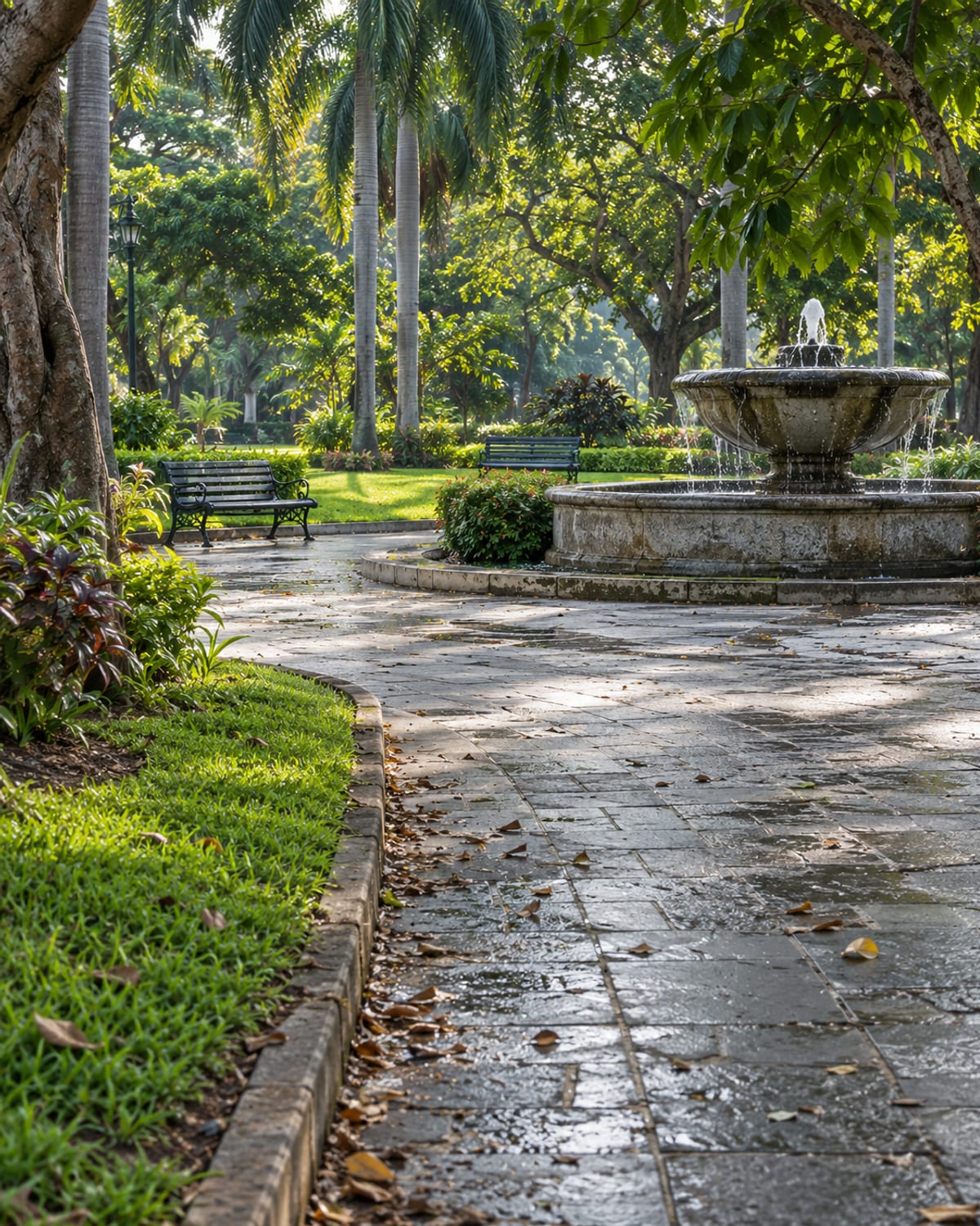 A shaded park path with fountains and palms