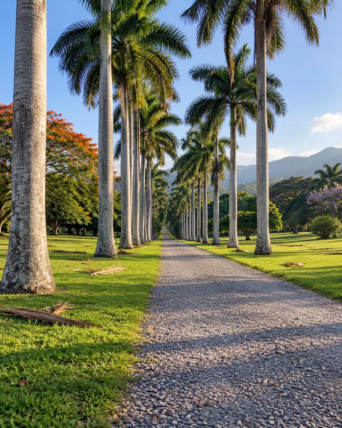 A garden avenue of tall palms and wide lawns