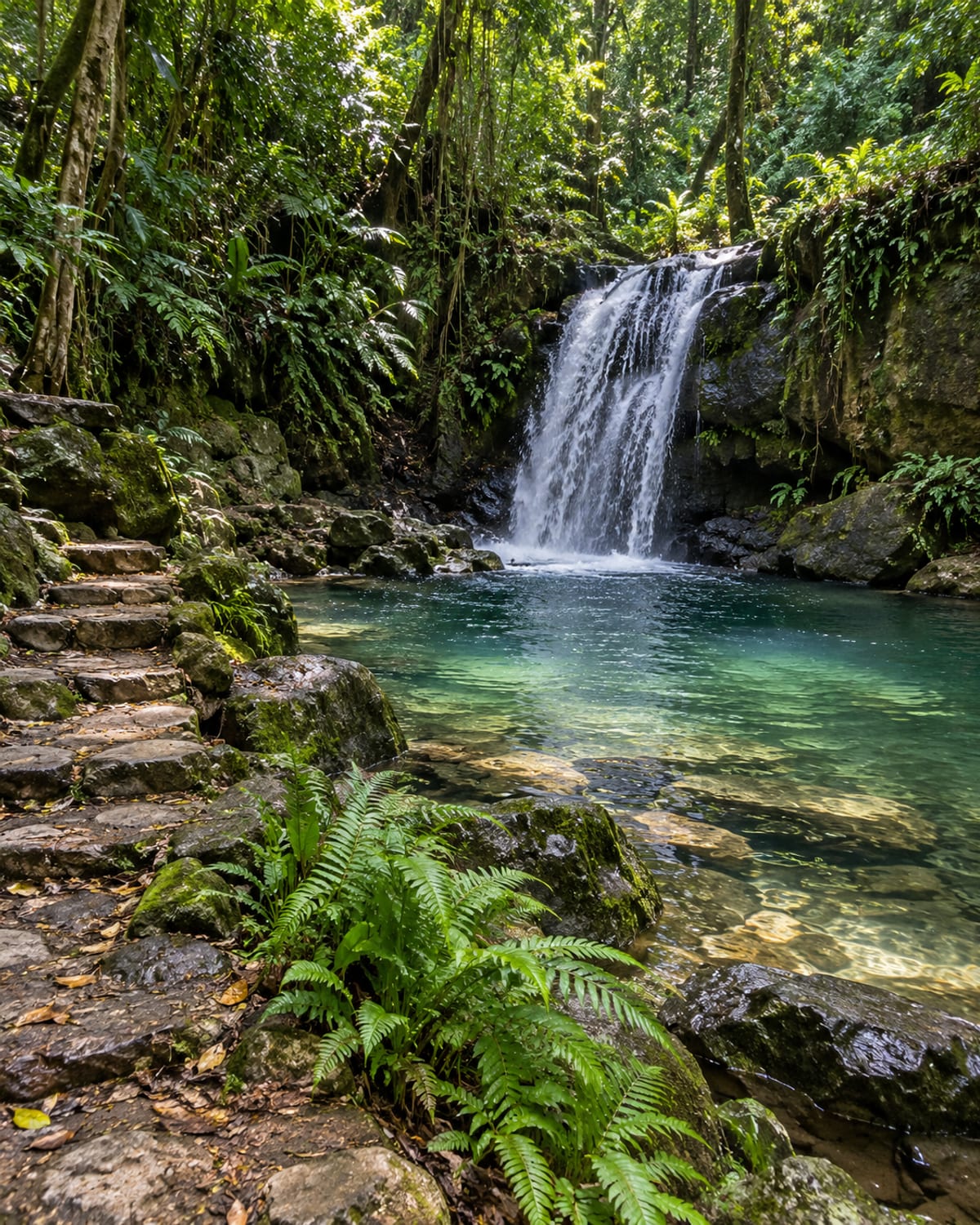 A forest waterfall pool beside a stone path