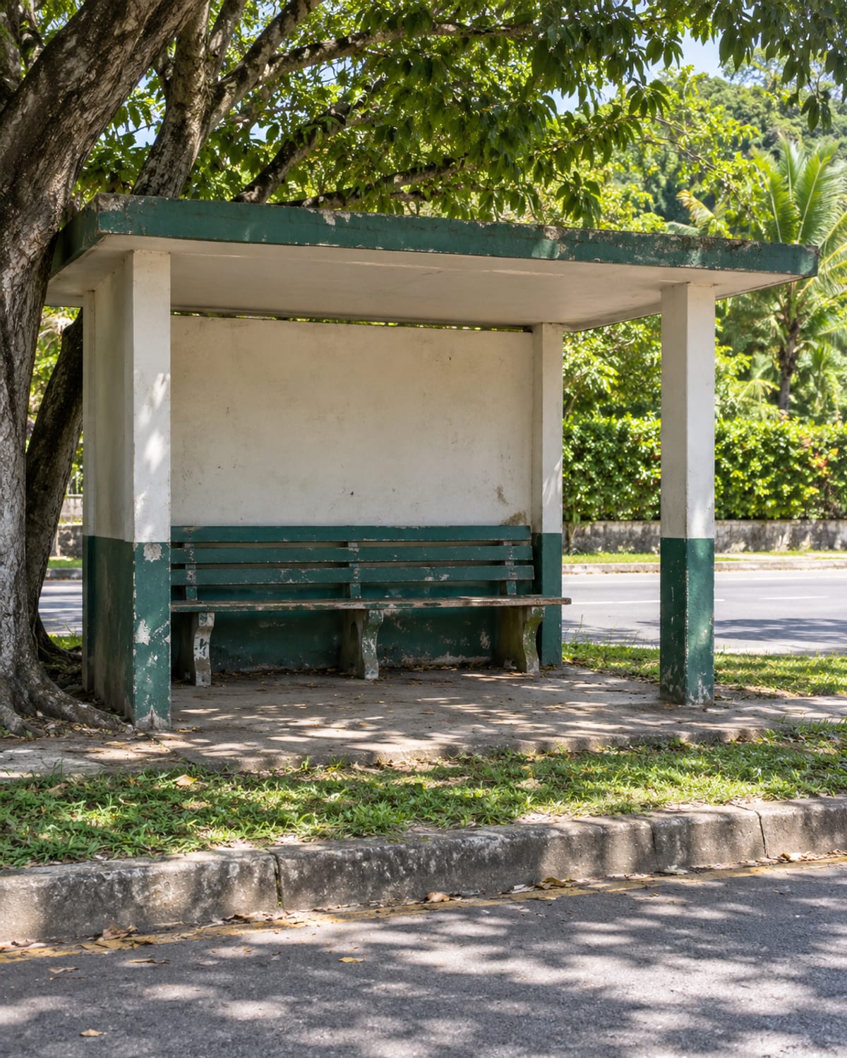 An empty shaded roadside shelter with a bench