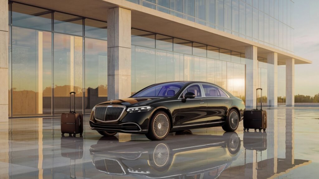 Luxury sedan at premium terminal entrance