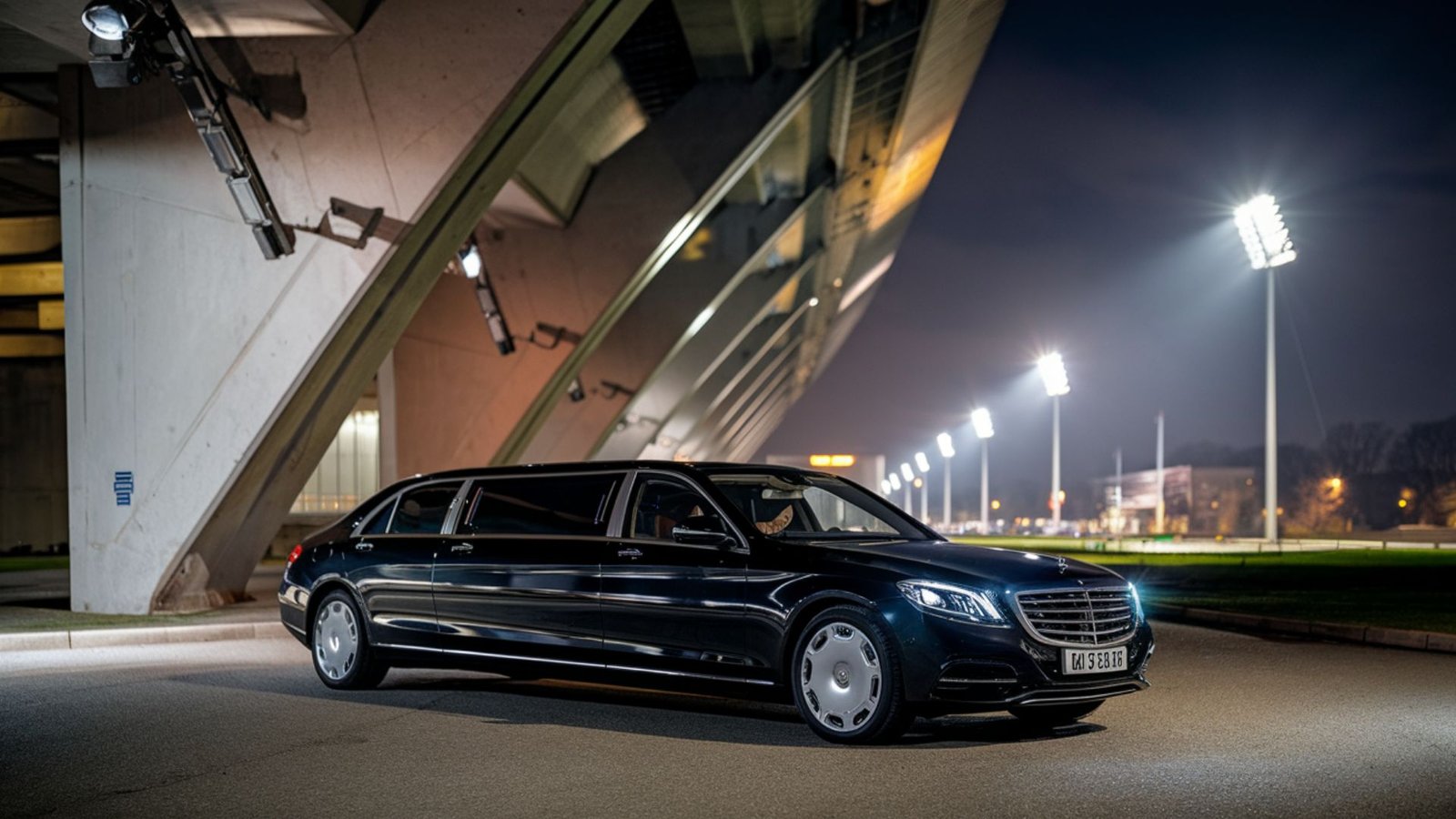 Black Mercedes-Benz S-Class long wheelbase limousine positioned at National Arena's concrete entrance at night, illuminated by venue lighting