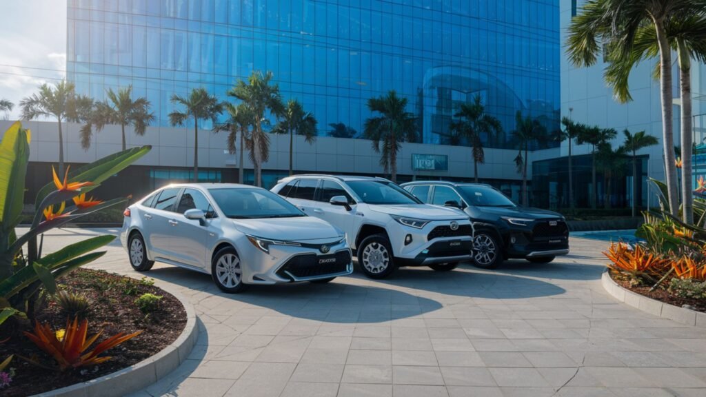 Modern rental vehicles at Jamaican business plaza