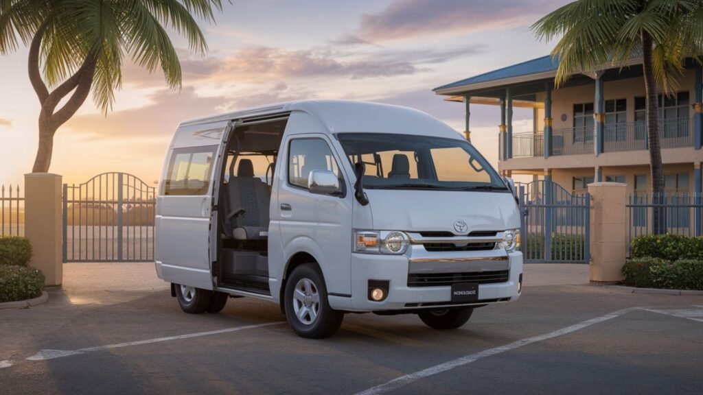 Spacious Toyota Hiace Commuter with enhanced comfort features arriving at a Jamaican school entrance, representing thoughtful student transport solutions