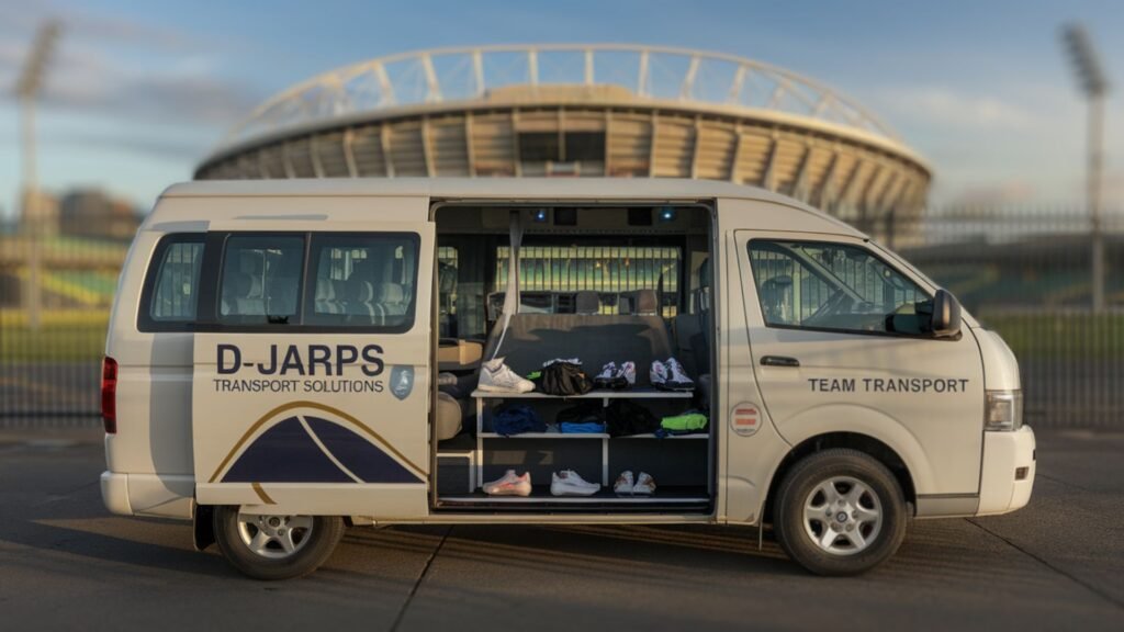 Modern Toyota Hiace Grand Cabin parked at Jamaica's National Stadium, team equipment visible through windows, ready for tournament transport