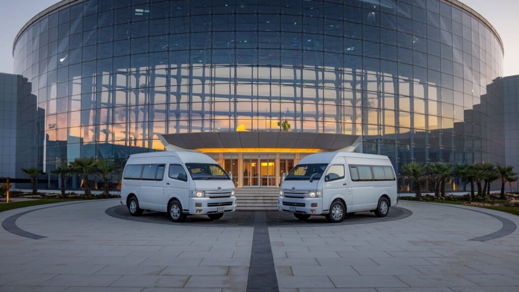 Two white Toyota Hiace Grand Cabins positioned at Montego Bay Convention Centre's main entrance during early evening, with glass architecture illuminated