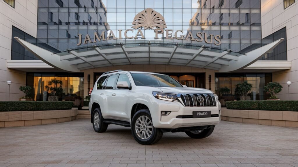 Modern white Toyota Prado positioned at Jamaica Pegasus Hotel entrance during sunrise, representing premium business transportation