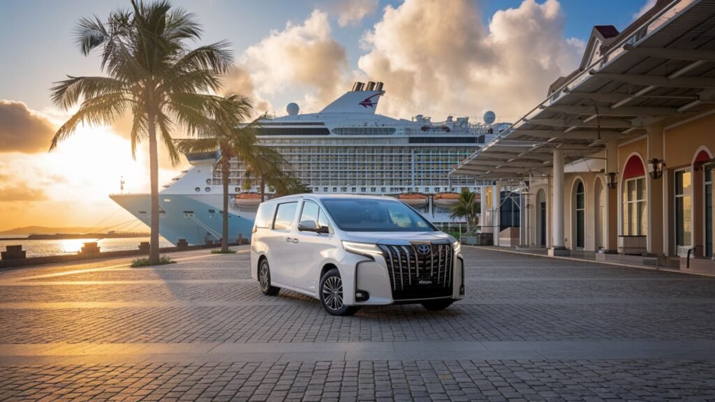 Luxury van at Falmouth Cruise Port with ship in background