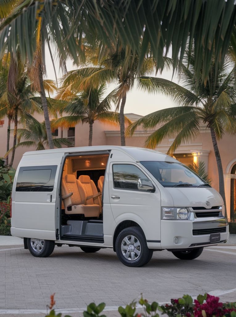 Premium Toyota HiAce shuttle at luxury Jamaican resort entrance with tropical landscape