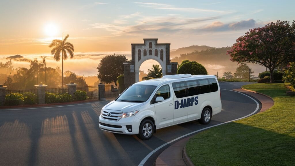 Modern Toyota Coaster bus arriving at Northern Caribbean University's iconic entrance arch during sunrise, symbolizing reliable daily student transportation