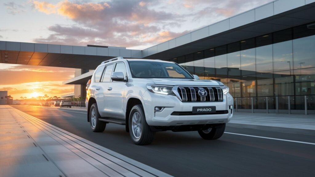 Elegant white Toyota Prado arriving at Sangster International Airport's executive terminal at sunrise, capturing the first moments of a professional day