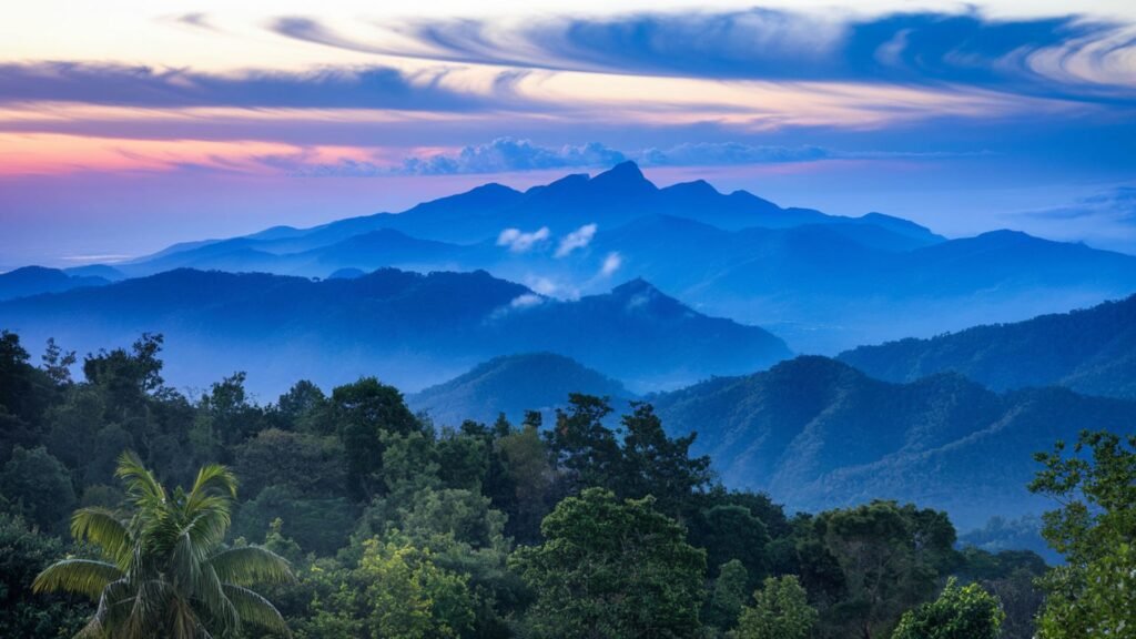 A breathtaking panoramic photograph of Jamaica's Blue Mountains at dawn, with layers of peaks disappearing into misty depths. The early morning light creates a dramatic gradient of blues and purples across the mountain range.