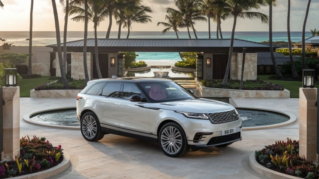 Luxury white Range Rover Velar parked at an exclusive Jamaican beachfront resort entrance, exemplifying premium guest transportation