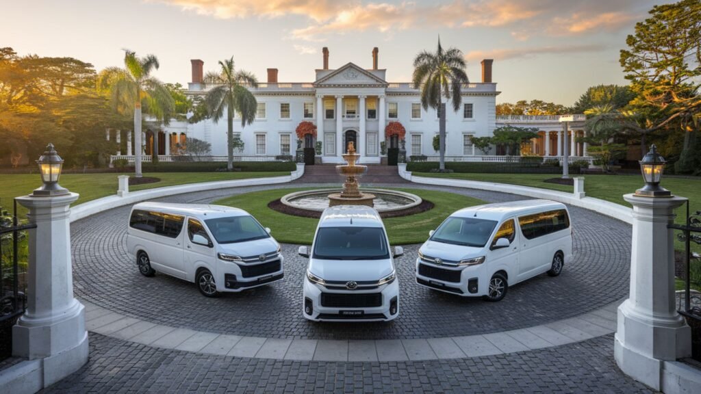 Three white Toyota vehicles - Hiace, Coaster, and another Hiace - arranged in synchronized formation at sunset at Rose Hall Great House entrance