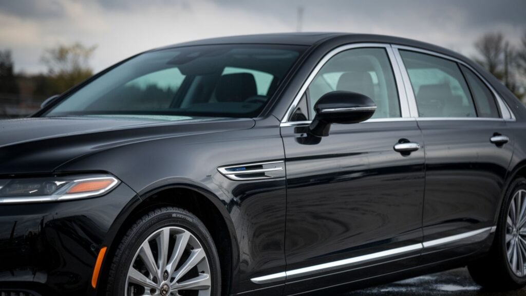 A side profile shot of a pristine black executive sedan under overcast lighting, emphasizing its sleek aerodynamic design. The vehicle's polished exterior reflects the surrounding environment, while dark-tinted windows ensure passenger privacy.