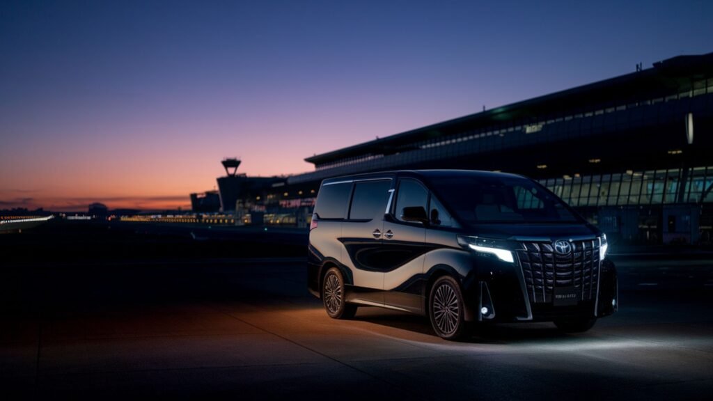 Luxury van at Sangster Airport terminal before dawn