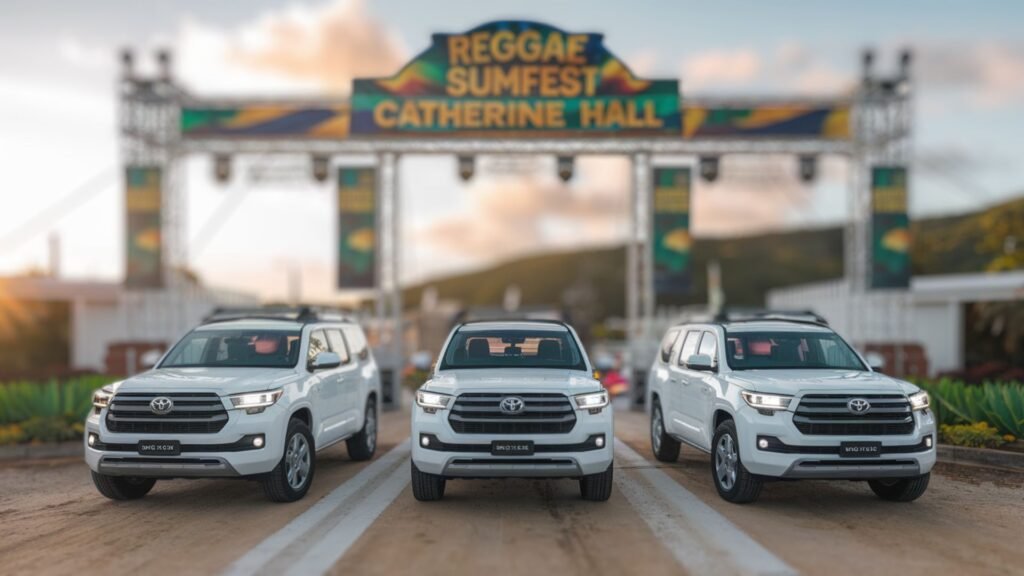 Three white Toyota Coasters lined up at Reggae Sumfest entrance gates during sunset, with Rose Hall Great House visible in background