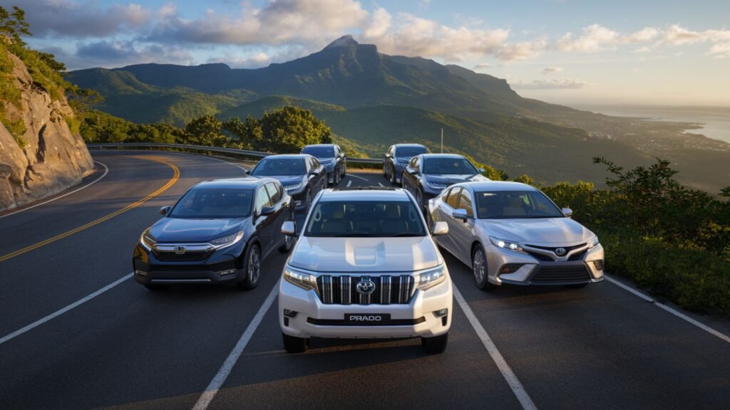 Diverse fleet of rental vehicles including SUVs and luxury sedans arranged in a V-formation at a scenic Jamaican overlook, demonstrating group travel solutions