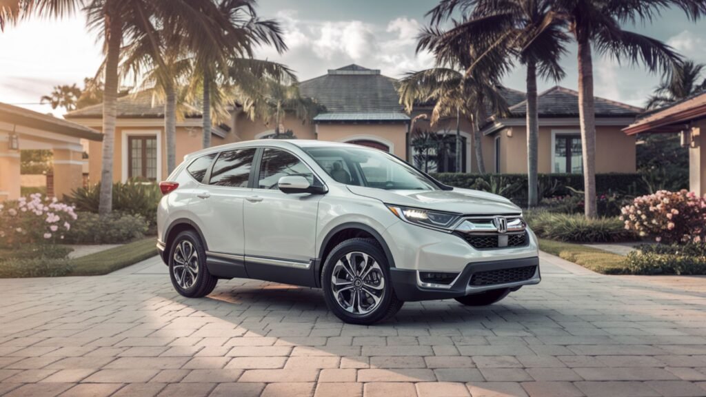 Modern Honda CR-V SUV parked in front of a luxurious Jamaican villa, perfect for extended stays and relocations