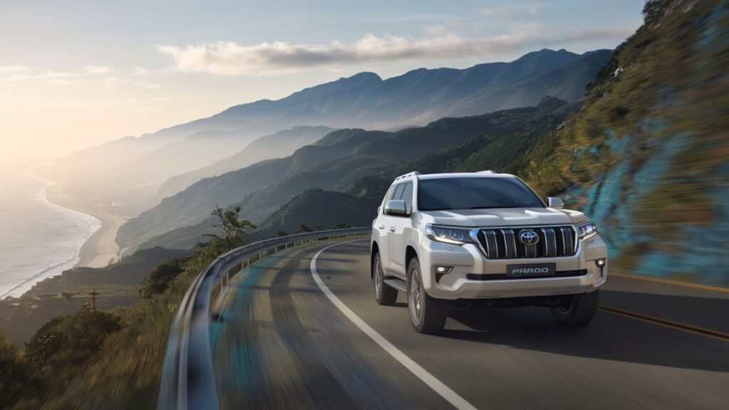 Executive white Toyota Prado ascending through Blue Mountain mist at sunrise, connecting Kingston to north coast business destinations with dramatic coastal highway glimpse below