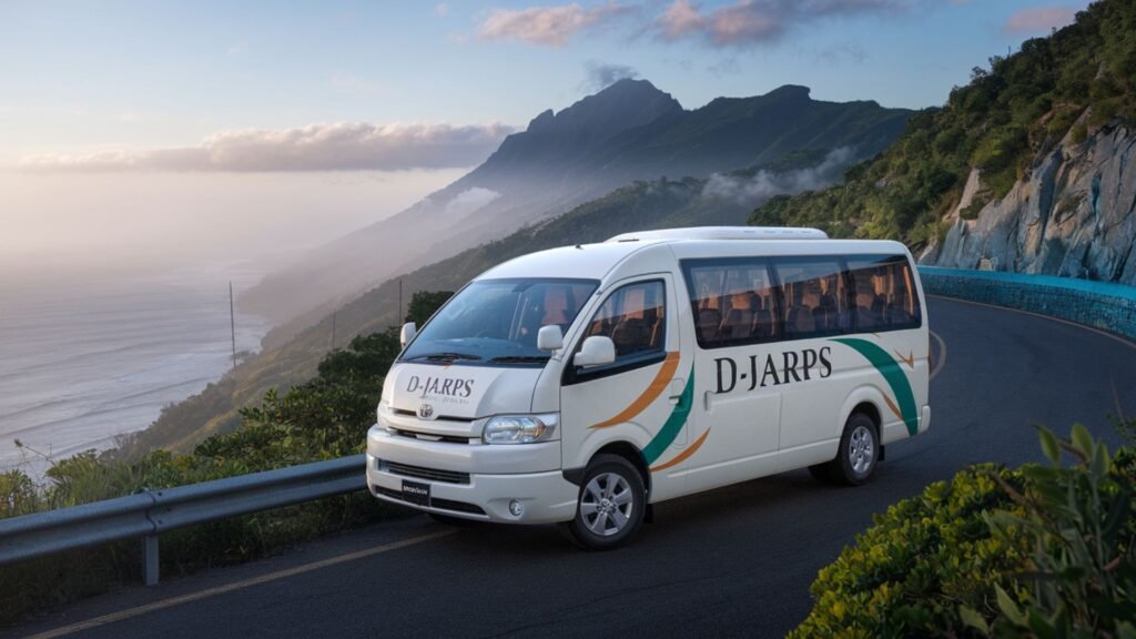 Luxurious Toyota Coaster bus winding through the Blue Mountains, with Port Antonio's coastline visible in the distance, representing cross-island educational journeys