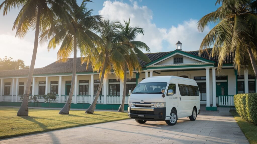 School transport van at traditional Jamaican school entrance