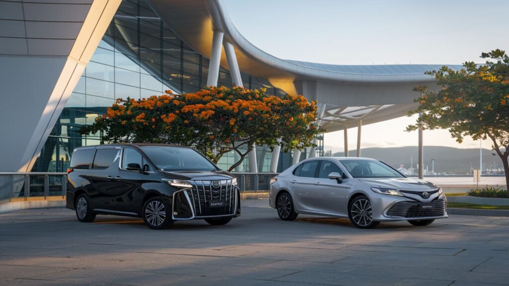 Luxury vehicles at Norman Manley International Airport terminal