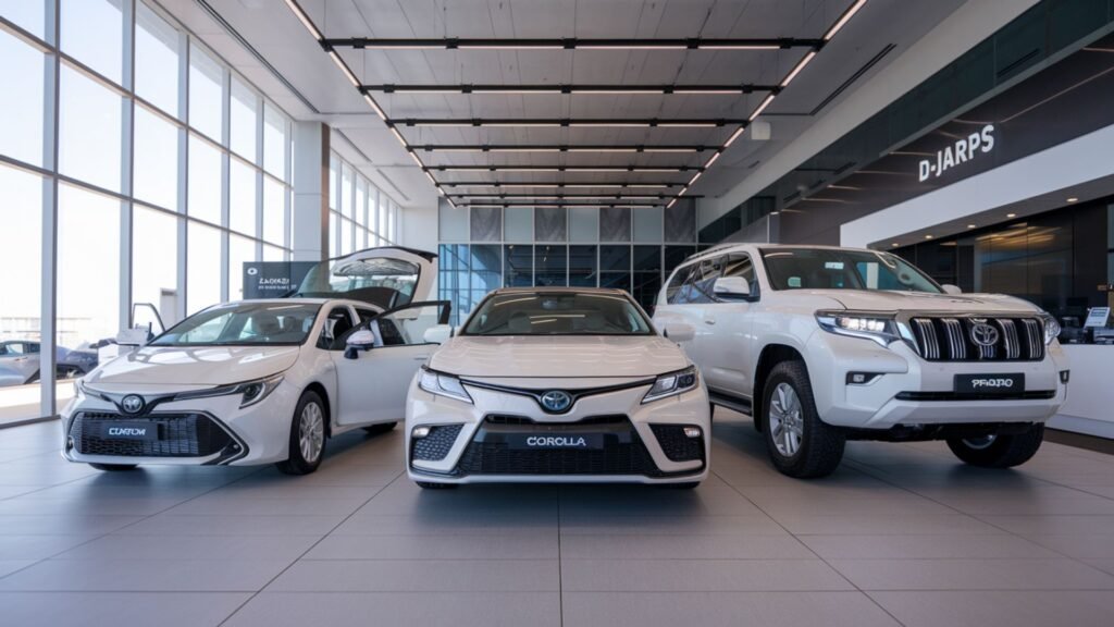 Professional showcase of diverse rental vehicles ranging from economic sedans to premium SUVs, displayed at upscale Jamaican dealership