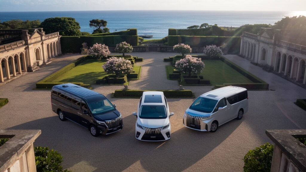 Multiple luxury vehicles at Rose Hall Great House courtyard