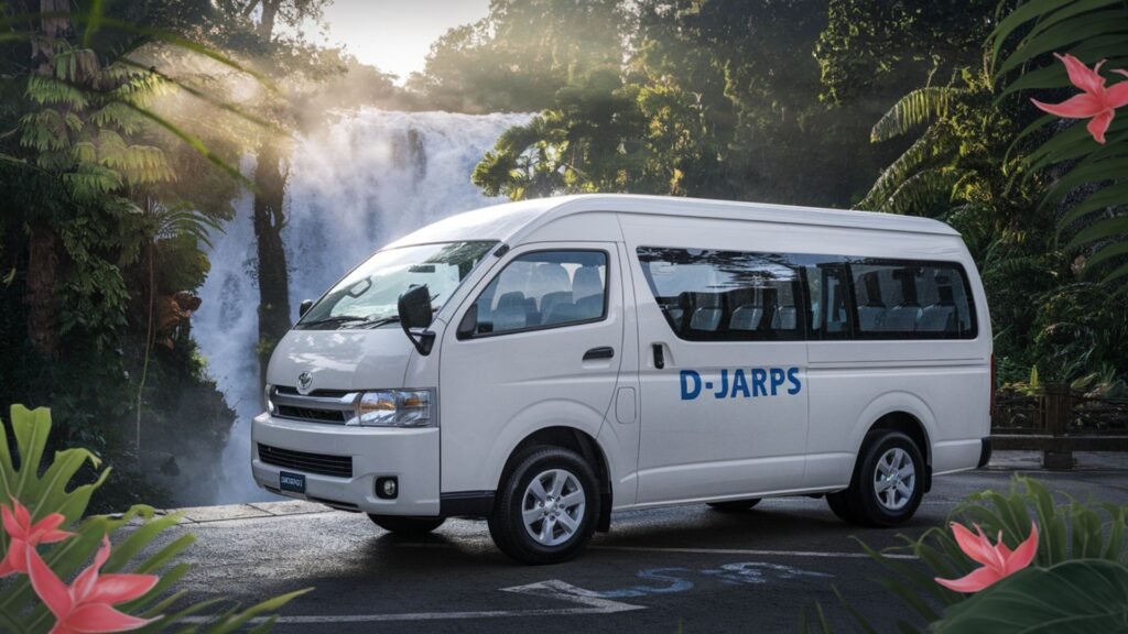 Modern Toyota Hiace bus parked at Dunns River Falls entrance, students safely disembarking for an educational adventure at Jamaica's natural wonder