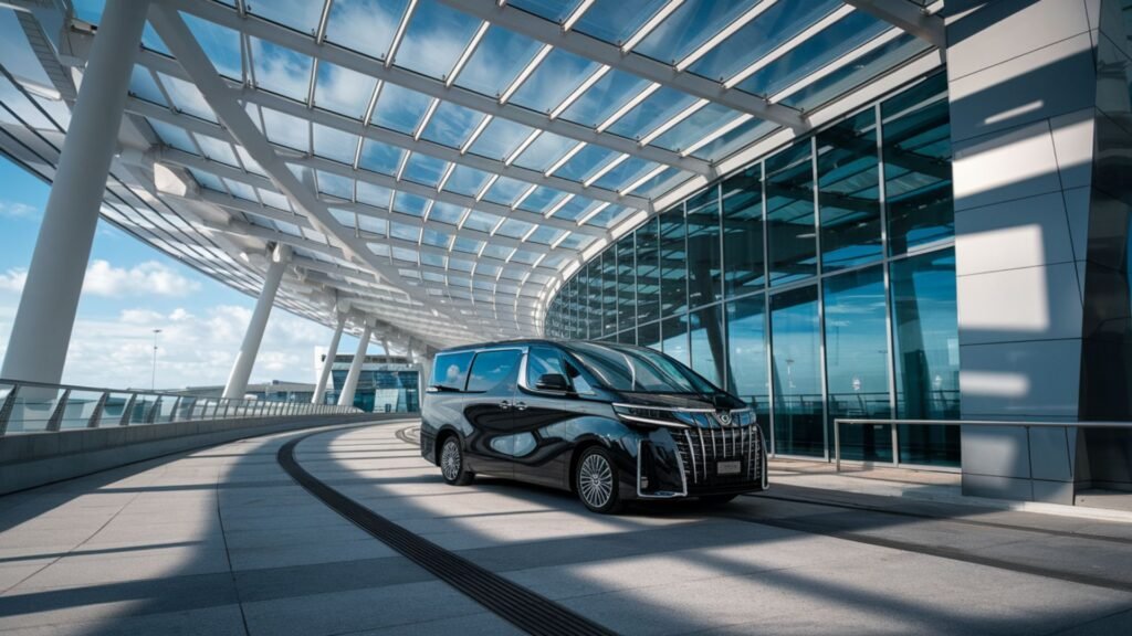 Black luxury van at Sangster International Airport entrance