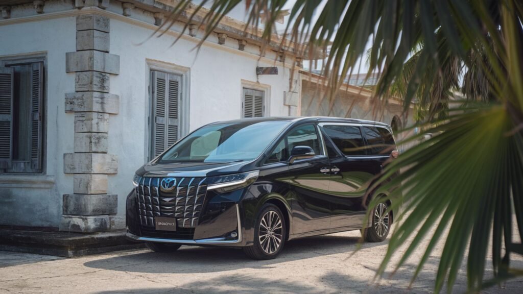 Black Toyota Alphard luxury van parked before white colonial plantation house in Jamaica