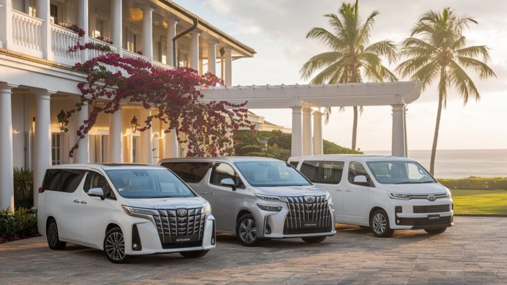 Wedding-ready vehicles at Round Hill Hotel entrance