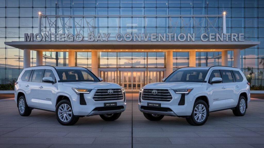 Two pristine white Toyota Coasters perfectly aligned at the Montego Bay Convention Centre entrance at dusk, representing seamless corporate event transportation