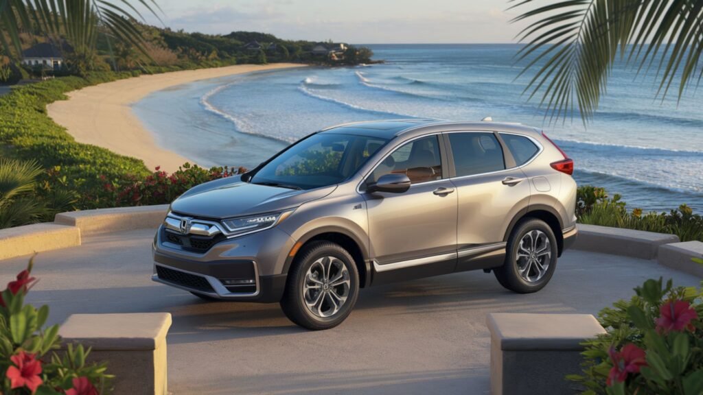 Modern silver Honda CR-V SUV parked at scenic Jamaican beach overlook, perfect for family adventures