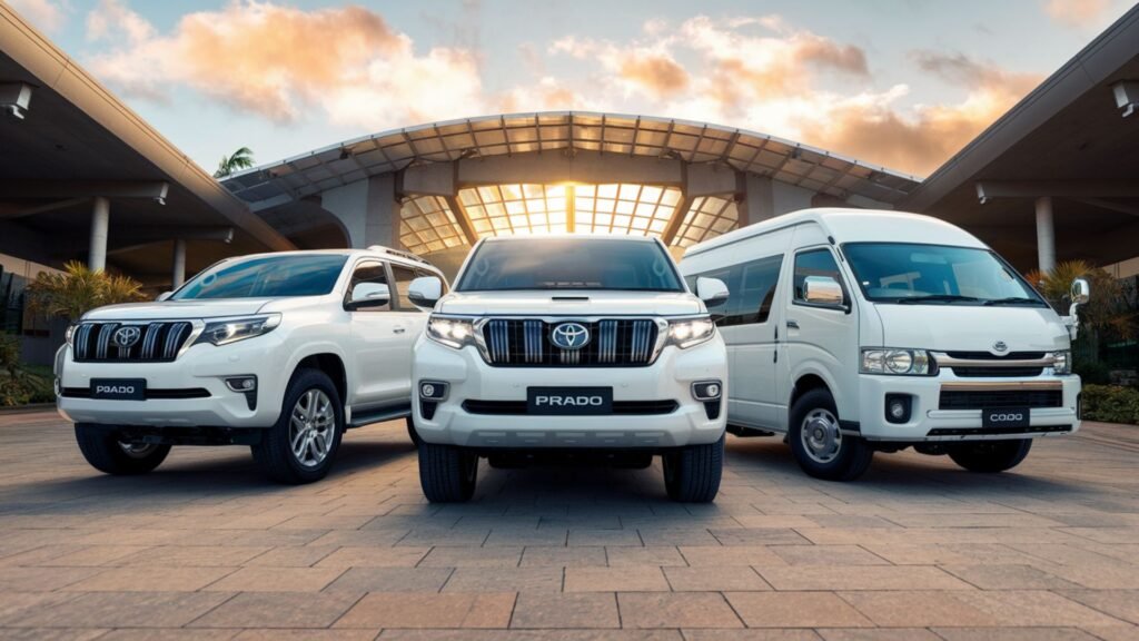 Three diverse luxury vehicles - Toyota Prado, Hiace Grand Cabin, and Coaster - arranged in an elegant fan formation at sunset at The Jamaica Conference Centre, representing tailored corporate fleet solutions