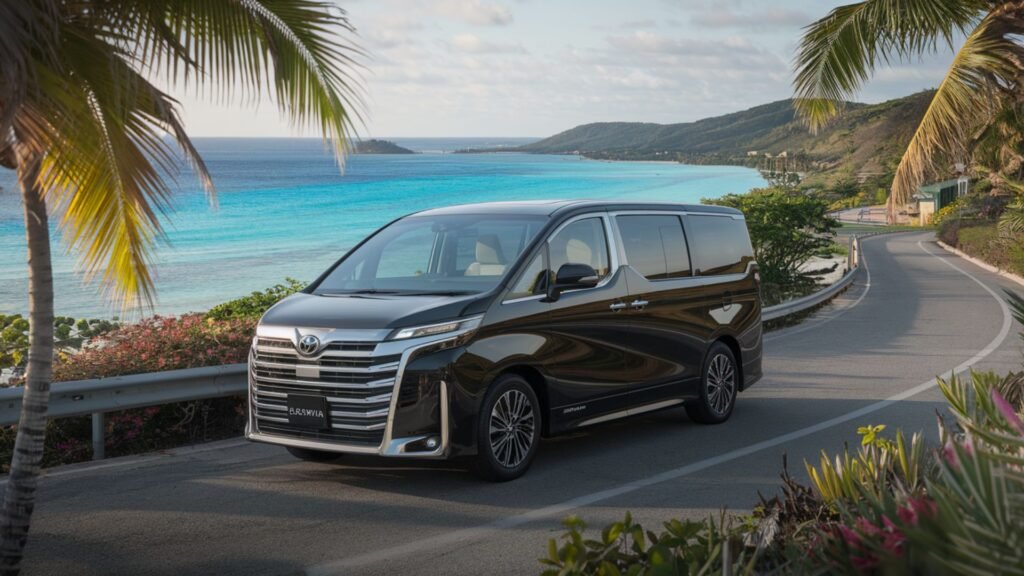 Luxury van at scenic Jamaican coastal overlook