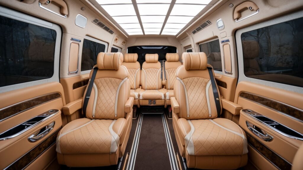 A detailed interior view of a luxury passenger van featuring premium honey-beige leather seating across three rows. The immaculately maintained cabin shows adjustable headrests, ergonomic seat design, and strategic interior lighting. Chrome accents complement the leather upholstery, while tinted windows provide privacy and sun protection.