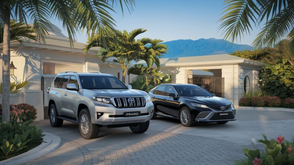 Luxury vehicles at Jamaican villa with mountain view