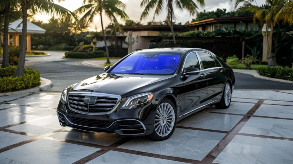 Professional chauffeur with luxury vehicle at upscale Jamaican resort entrance