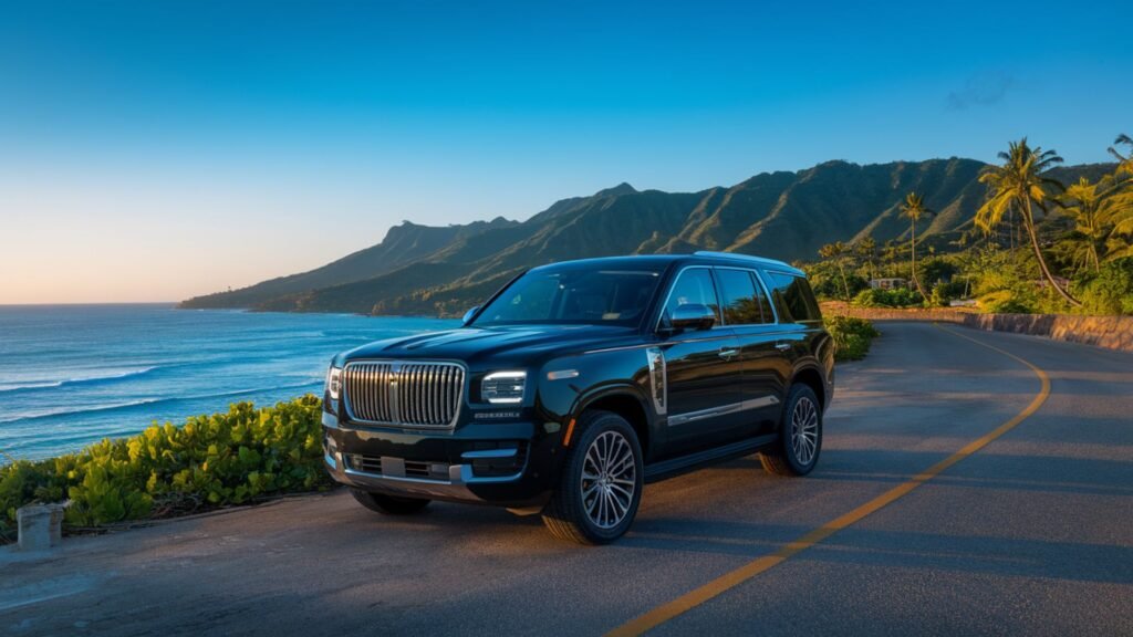 Luxury SUV on scenic Jamaican coastal road with mountain and ocean view